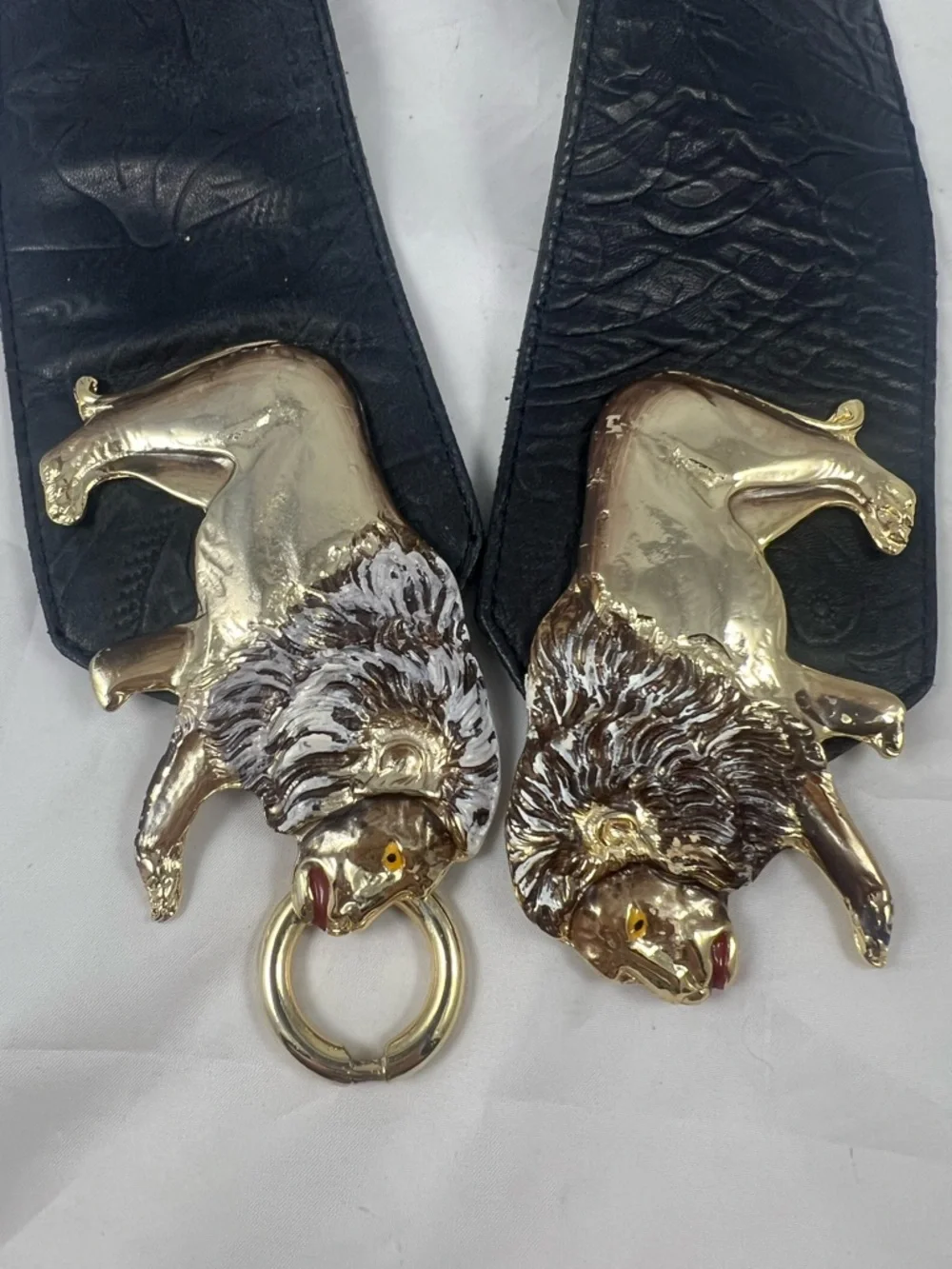 Vintage Gold Tone Double Lion Buckle Wide Black Leather Waist Belt